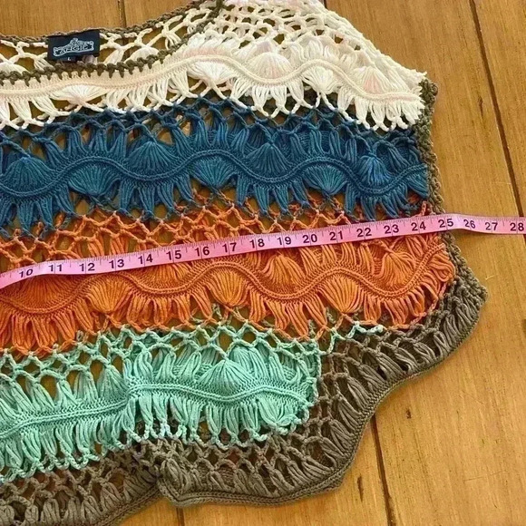 Angie Womens Crocheted Block Color Short Sleeve Top large orange blue aqua - Picture 7 of 10